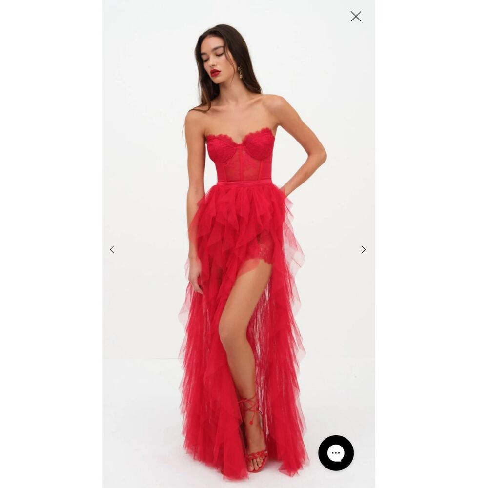 For Love And Lemons Red Strapless Ruffled Tulle Mini Gown